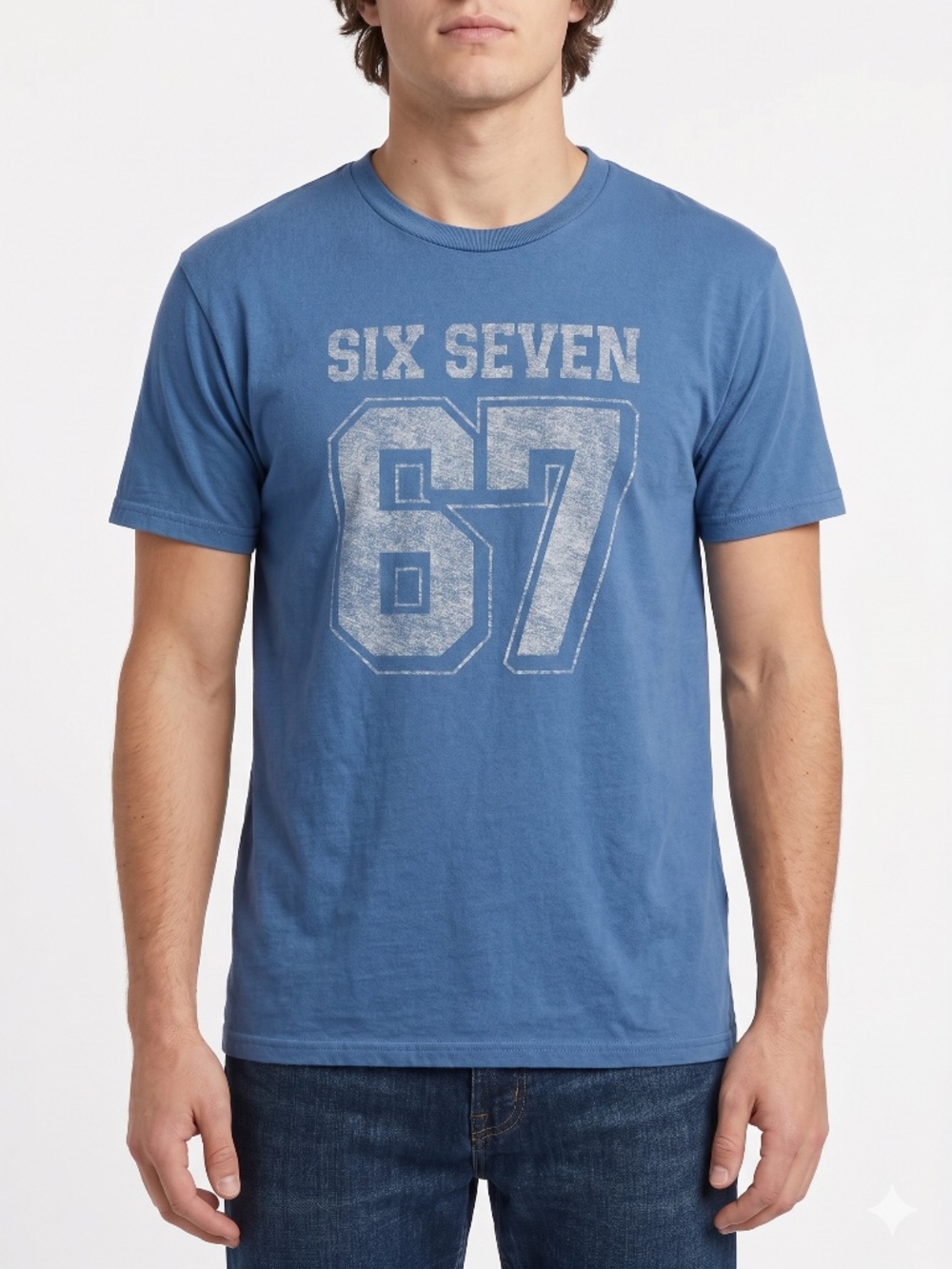 DOM Six Seven 67 Graphic T-Shirt Mens Large Blue Short Sleeve 100% Cotton Tee